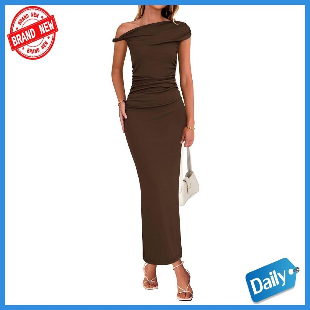 One Shoulder Ruched Maxi Dress Formal Cocktail Bodycon Twist Strap